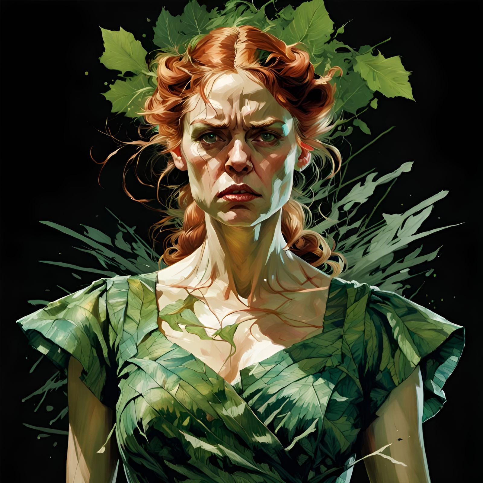 Angry Woman in Leafy Dress, Digital Illustration
