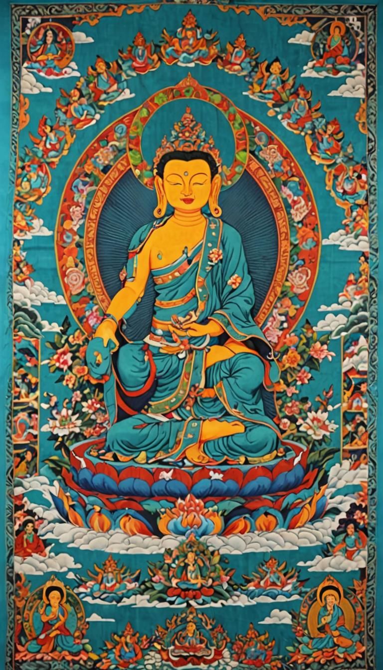 Thangka Painting on Cotton Canvas with Turquoise Accents