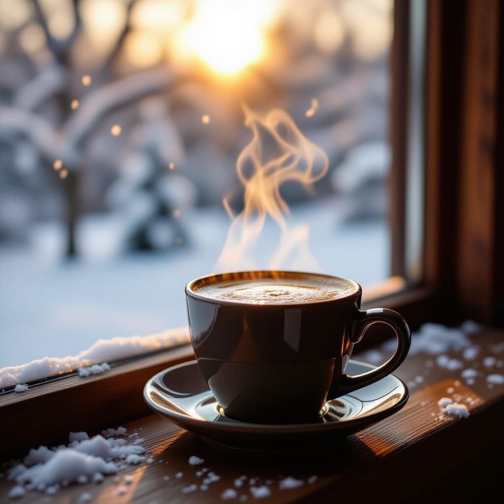 Steaming Coffee by Snowy Window in Cinematic Style