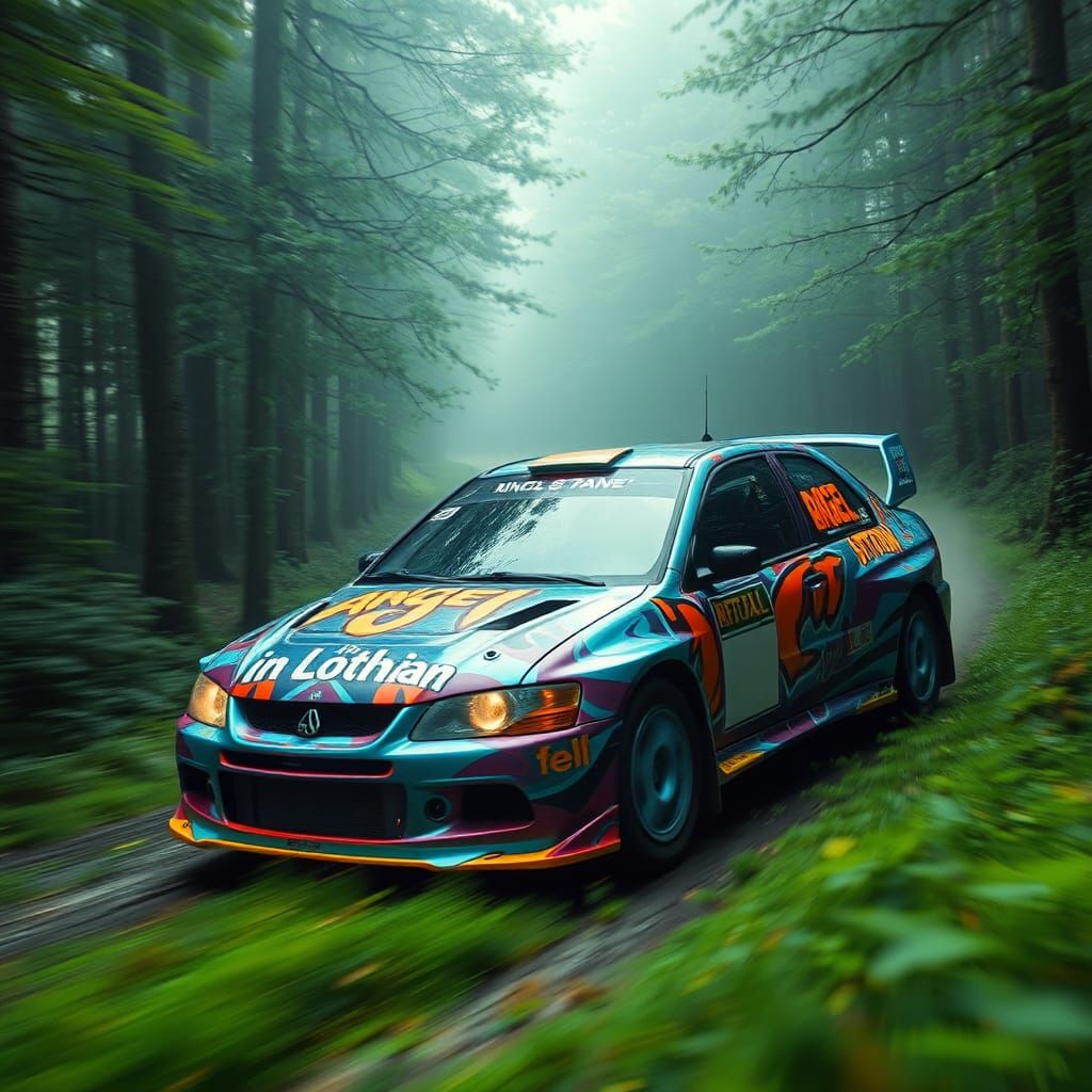 Rally car wrapped in "angel in Lothian" artwork
