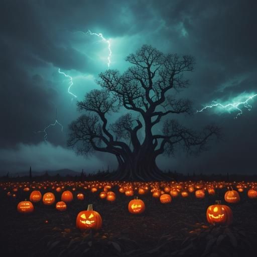 Surreal Illuminated Jack-o'-Lanterns in Stormy Pumpkin Patch