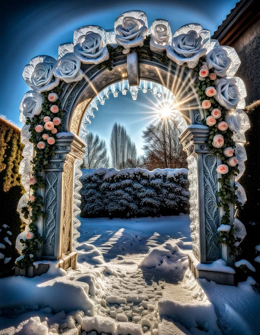 Ice Archway with Roses and Vines in Sunlight