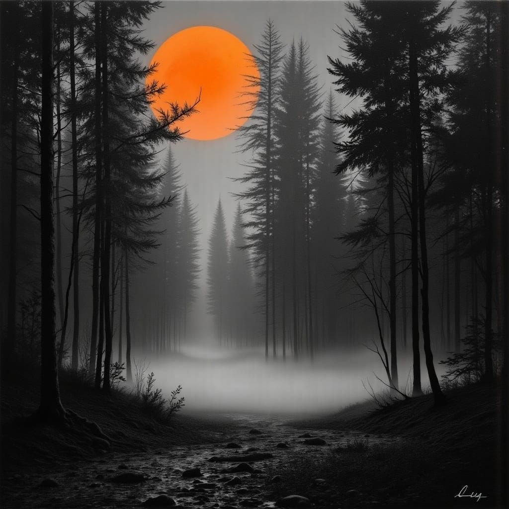 Black and White Forest with Orange Moon, Charcoal Style