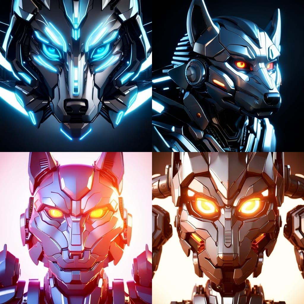Robotic Wolf Face with Glowing Eyes in Sci-Fi Style