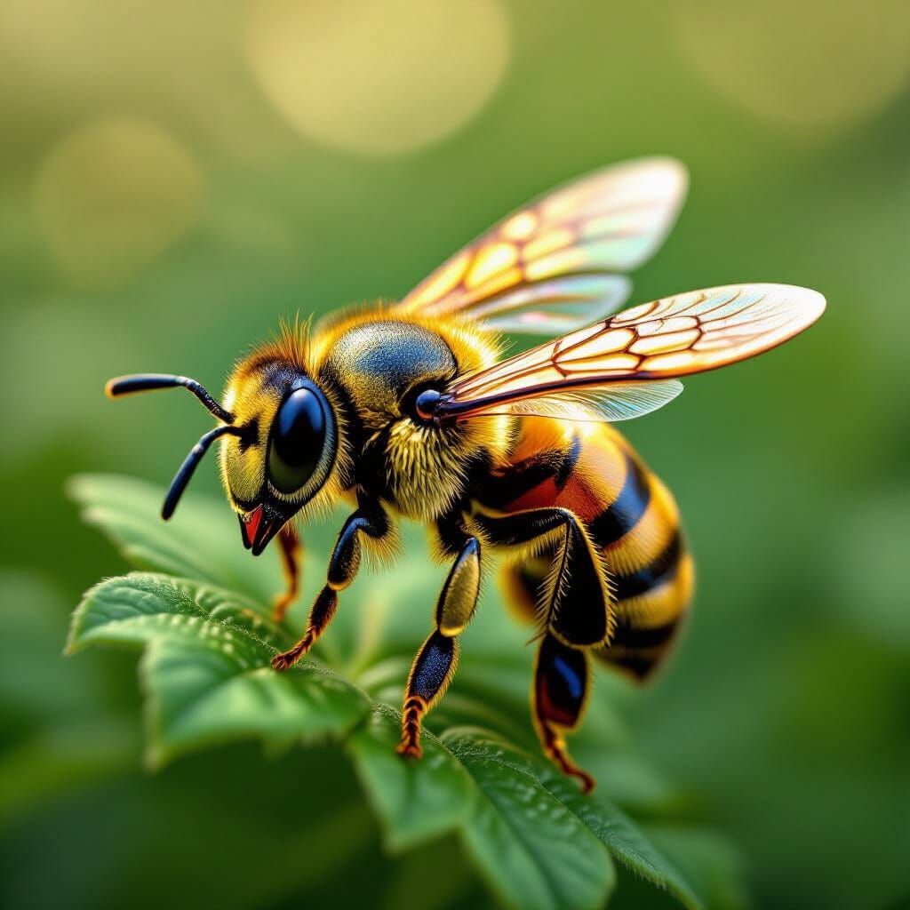 Gleaming Gold Bee Close-Up: Photorealistic Macro Shot