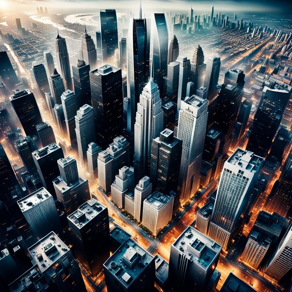 Hyperrealistic Silver City Skyline Aerial View