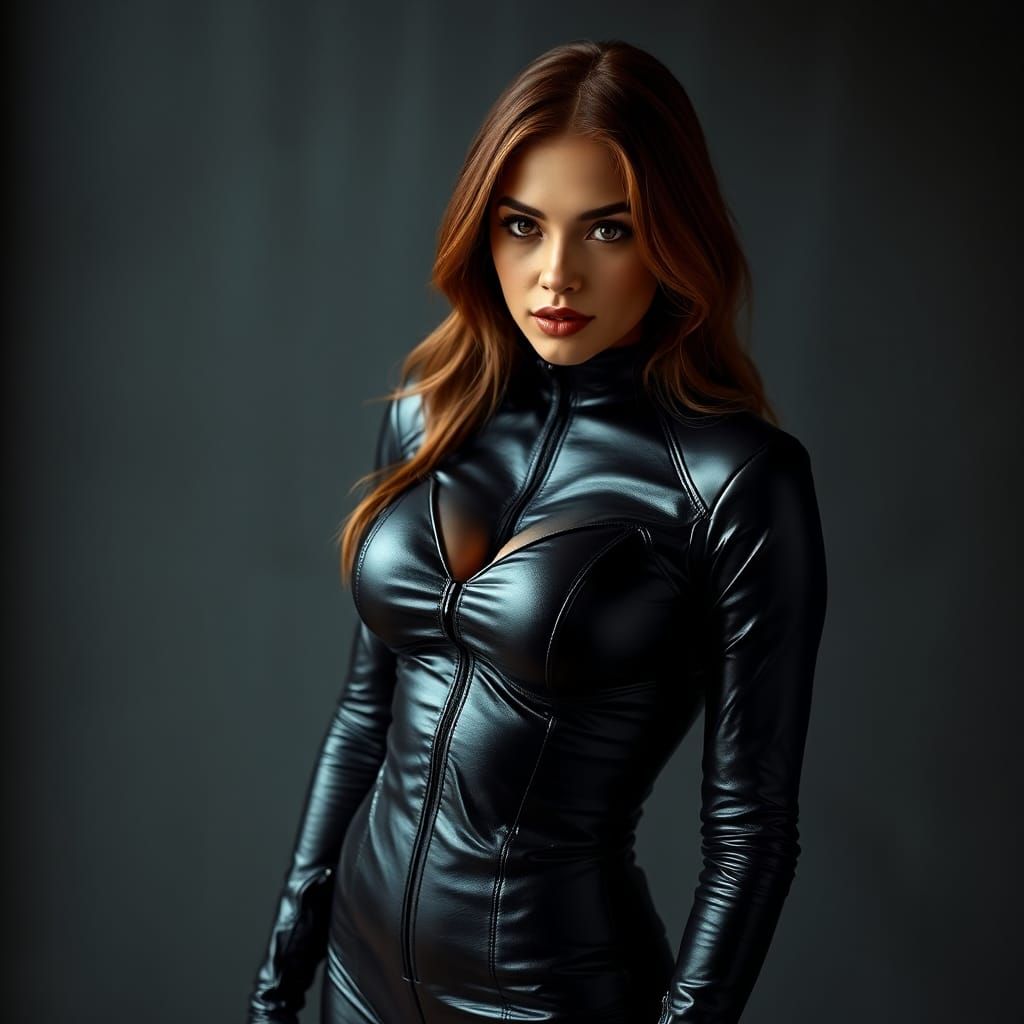 Hyperrealistic Woman in Leather Bodysuit