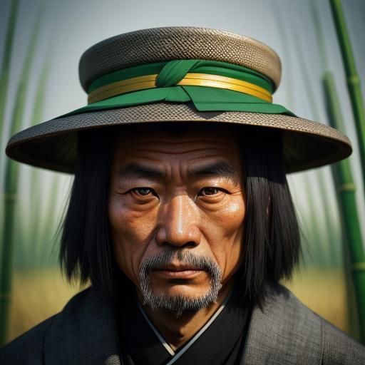 A chinese Taoist man who wear asian style bamboo hat.