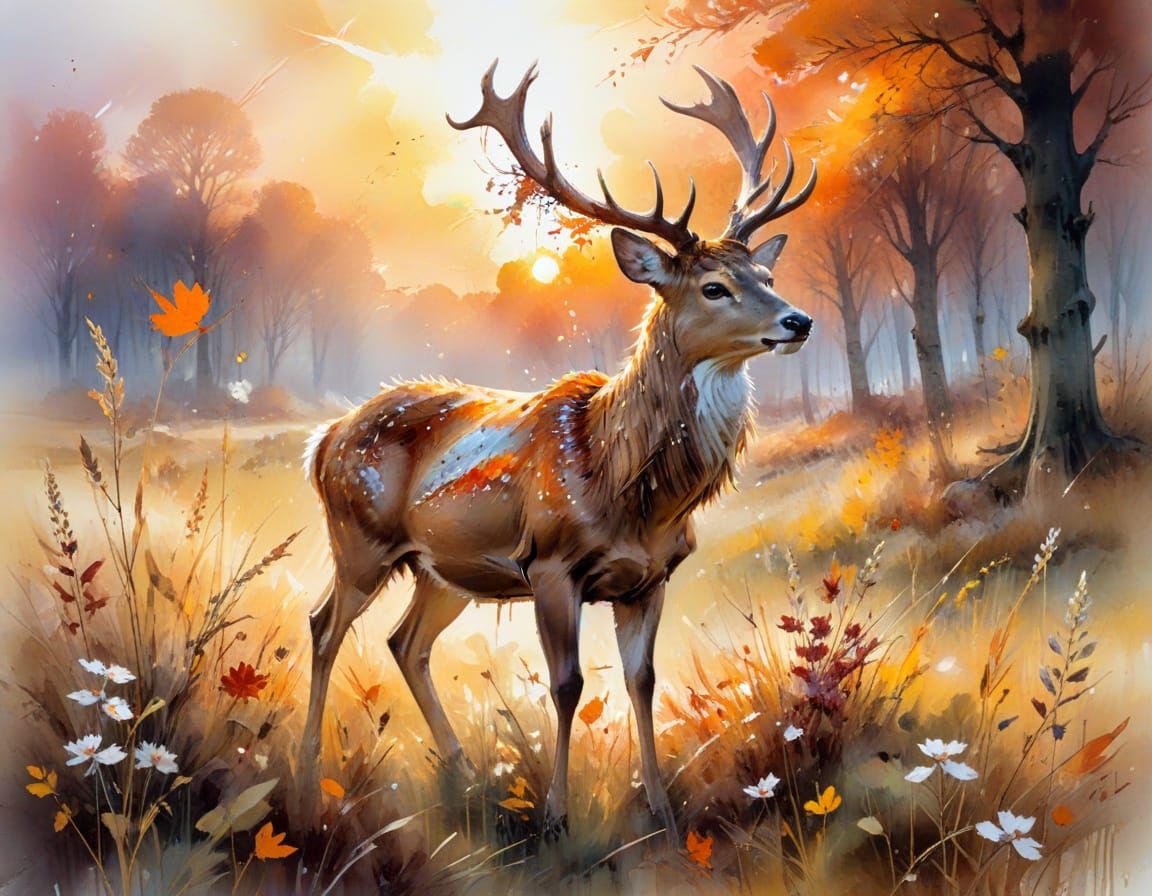 Autumn Deer on Spring Meadow in Watercolour Style