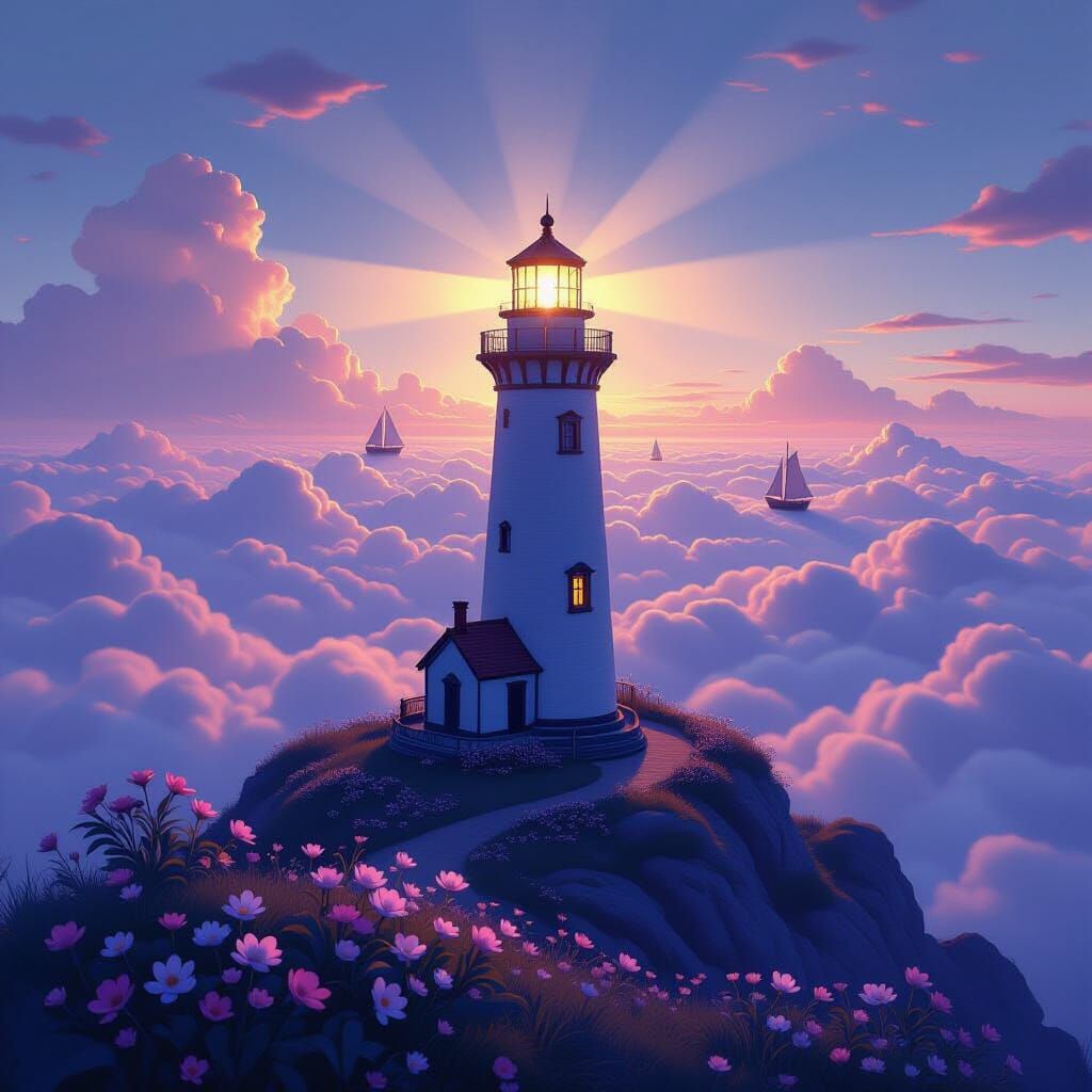 Sky Lighthouse Guiding Ships Through Clouds