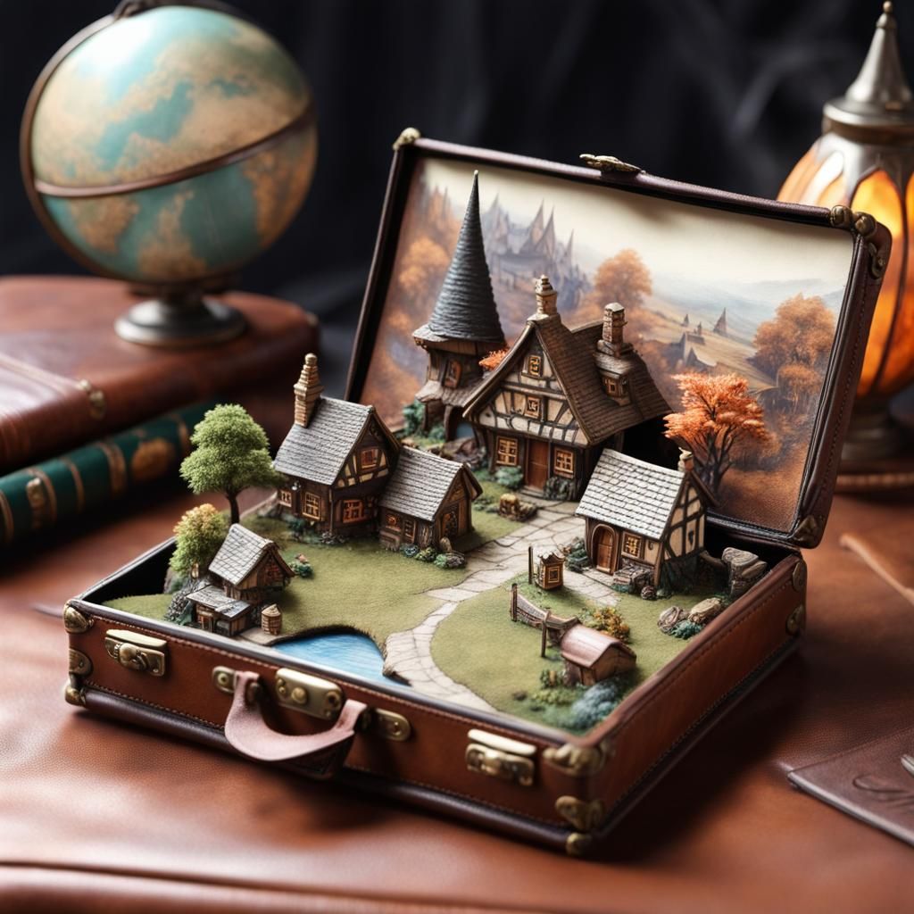 Miniature Fantasy Village Inside Vintage Leather Case