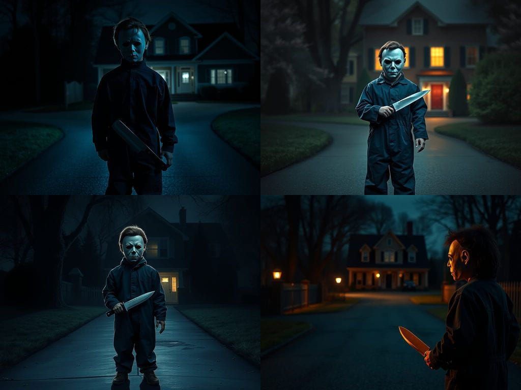 Child in Michael Myers Mask Stares at House on Halloween