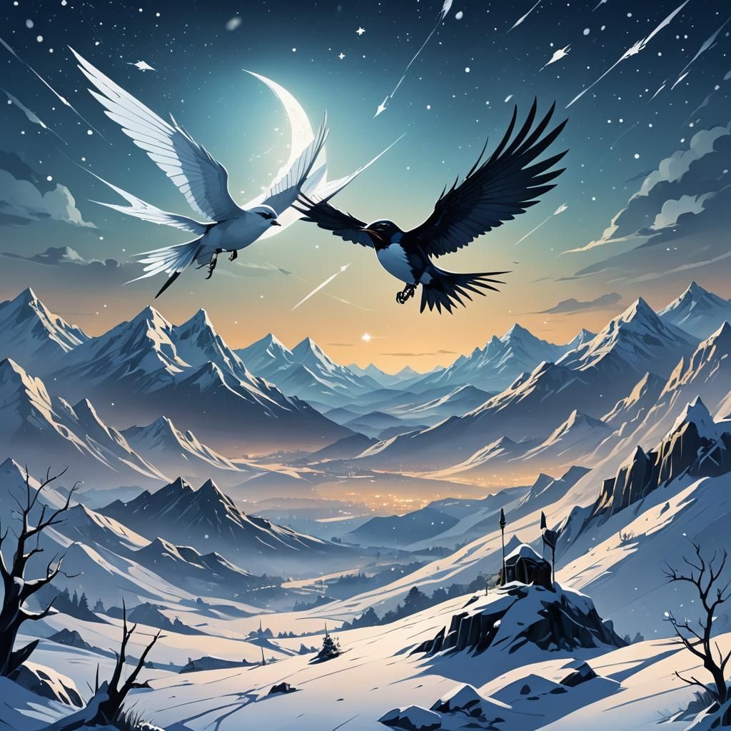 Snowy Battlefield with Giant Glowing Swallow in 2D Animation