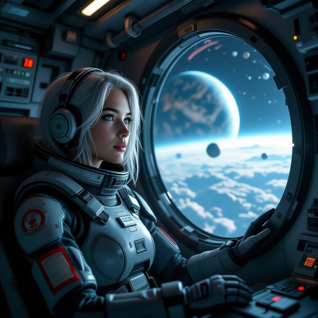 Cyberpunk Astronaut Girl in Zero Gravity, Soviet Spacesuit I...