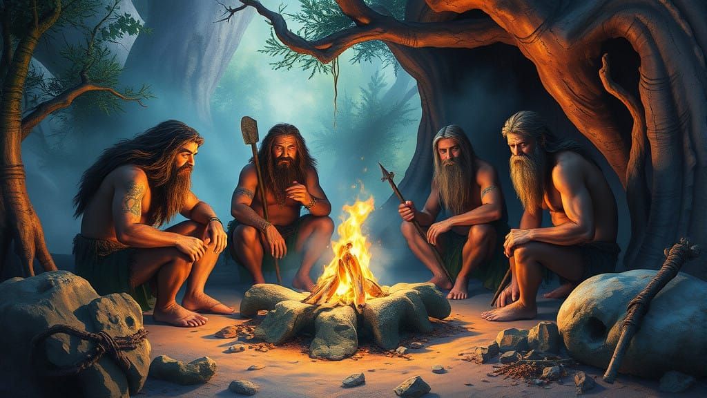 Primitive Tribesmen Gather Around a Warm Woodland Fire in Wa...