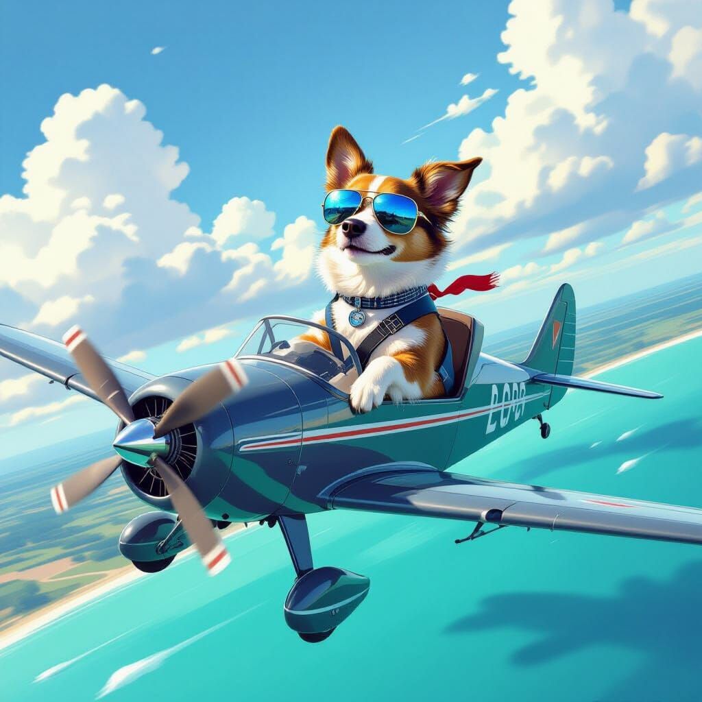 Dog Pilot Soars Over Turquoise Ocean Horizon