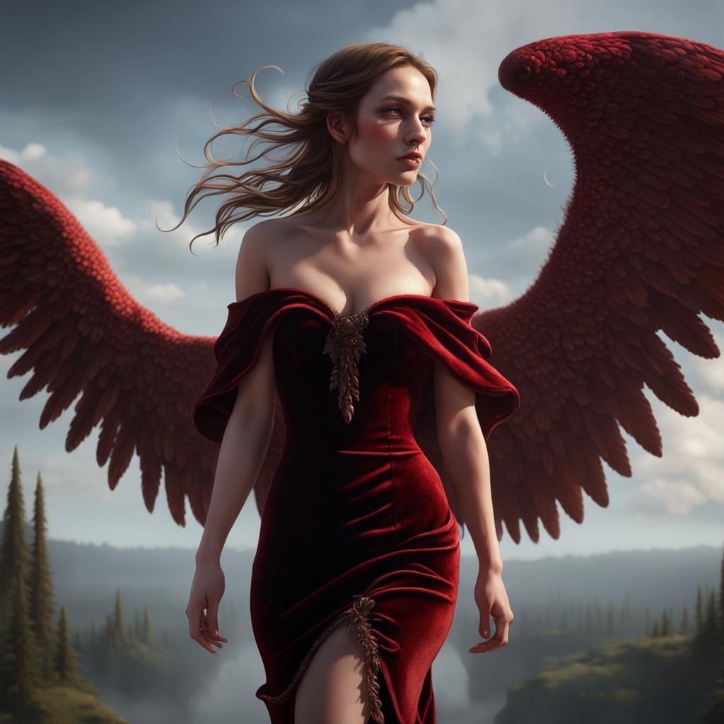 Red-Winged Woman in Velvet Dress