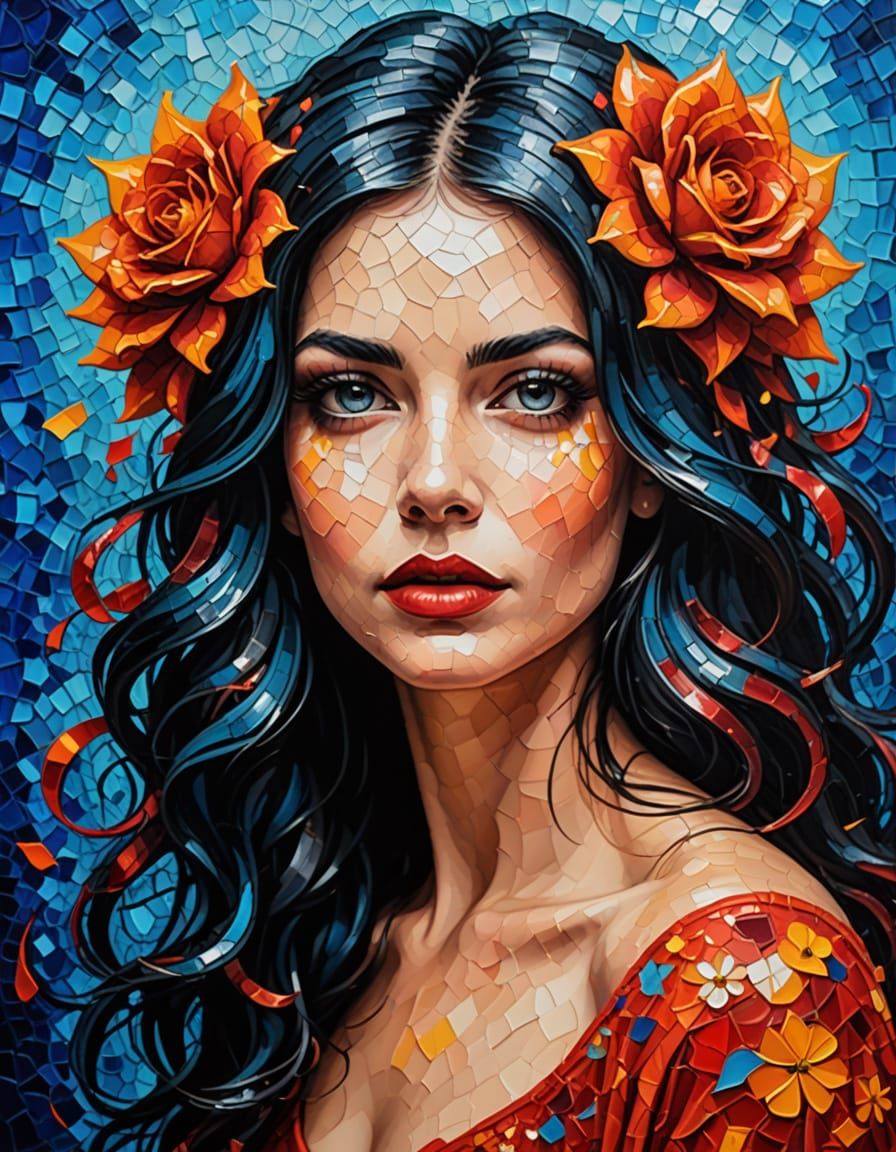 Surreal Dreamlike Lady in Victorian Black Dress and Red Glov...