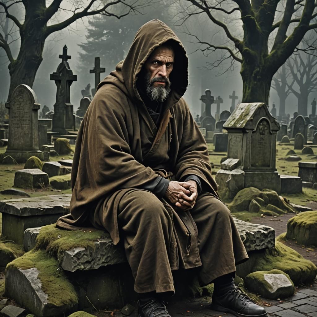 Monk in Graveyard on Sinister Evening: Fantasy Art