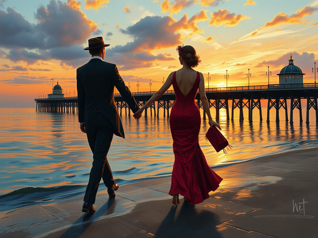 Romantic Victorian Couple on Pier as Oil Painting