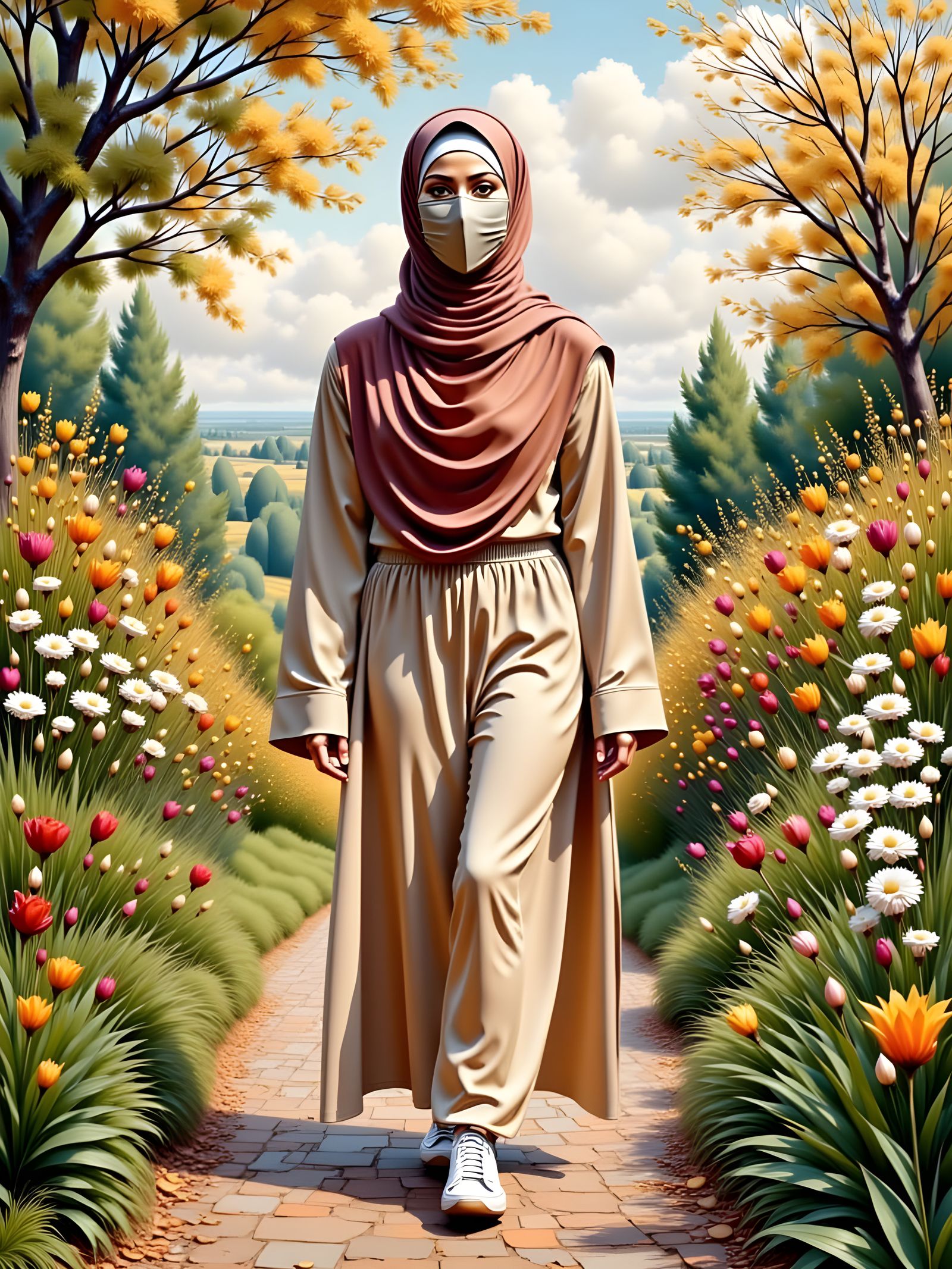 Hijabi Woman in English Landscape Oil Painting