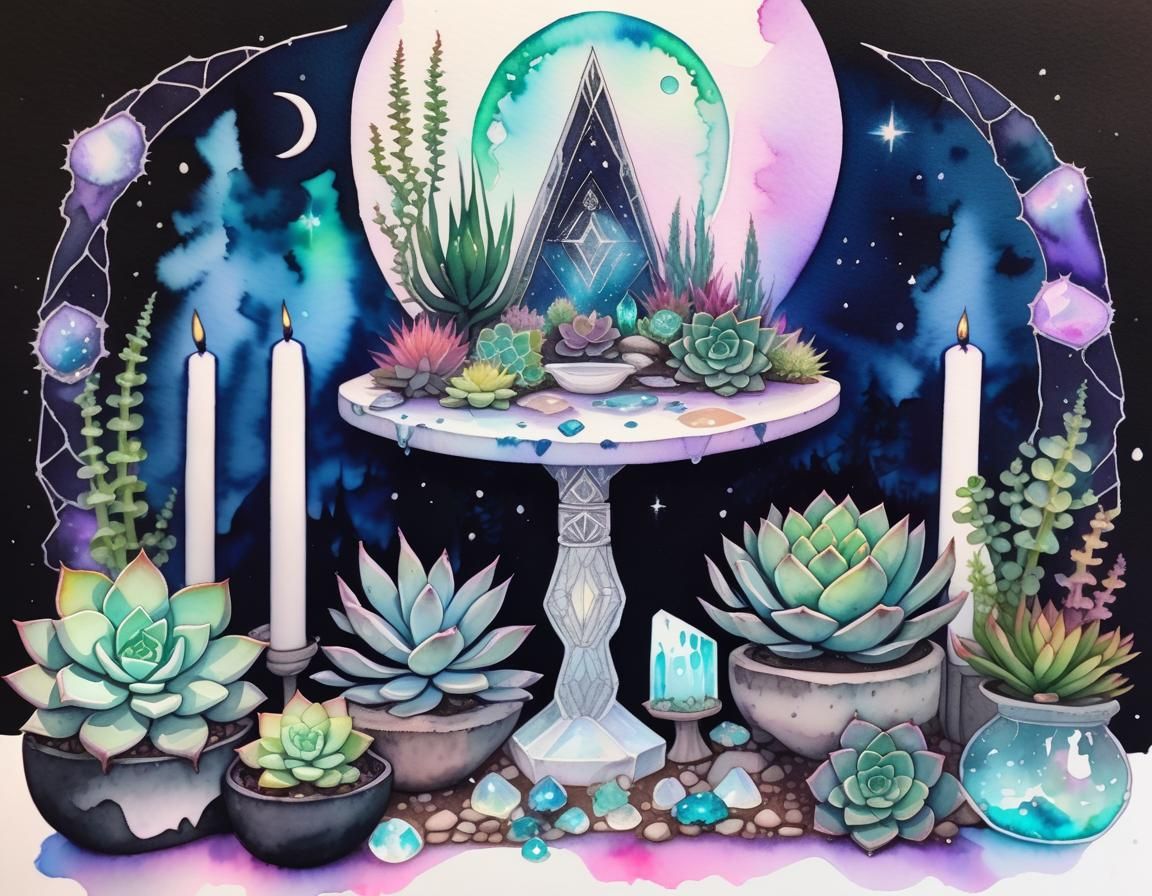 Goddess Altar with Succulents in Pastel Goth Style