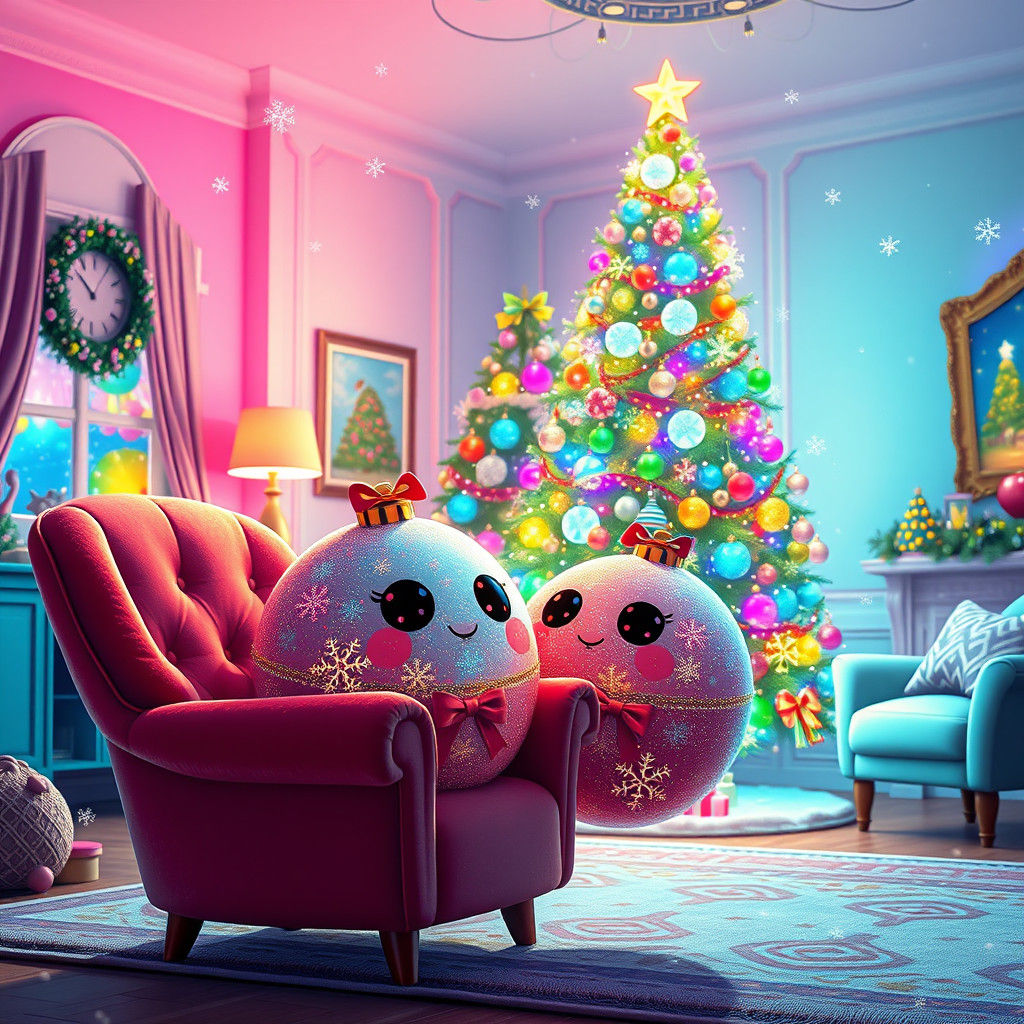 Whimsical Christmas Ball Friends Gaze at a Vibrant Christmas...