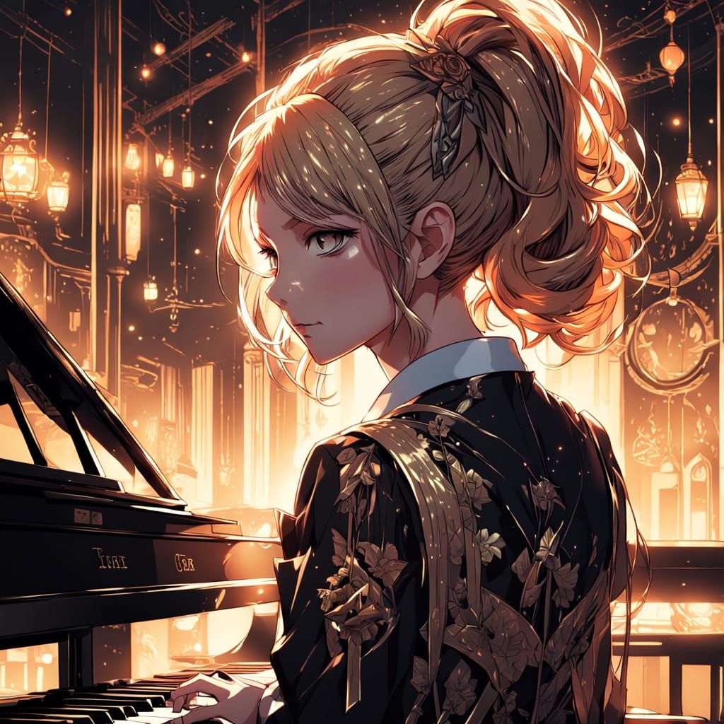 Serene Anime-Style Portrait of a Piano Prodigy