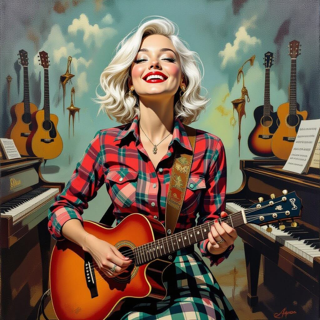 White Haired Woman Playing in Music Store
