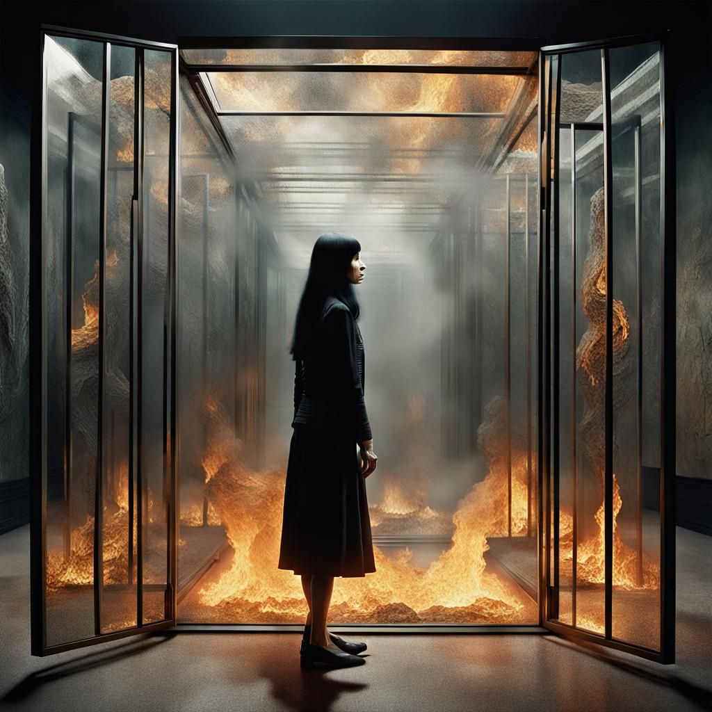 Photorealistic Woman Entering Glass Sauna