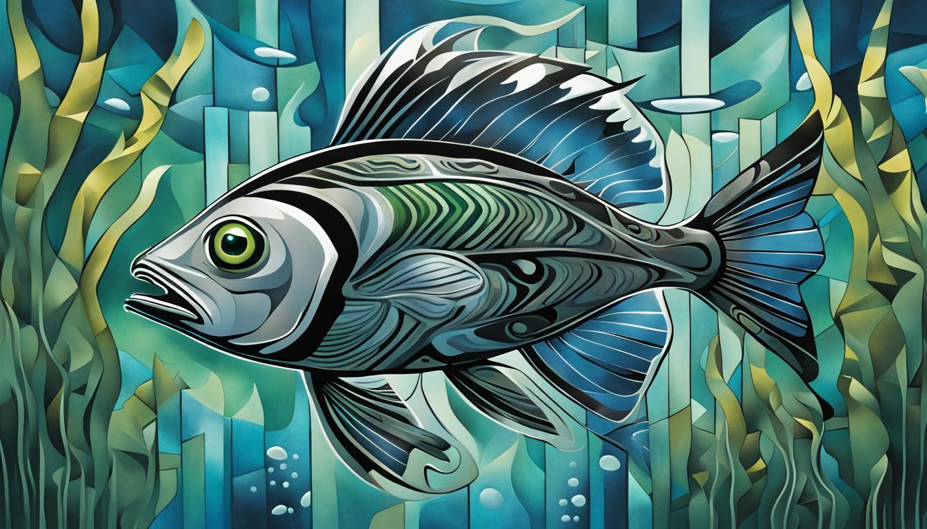 Cubist Cartoon Fish in Abstract Kelp Forest