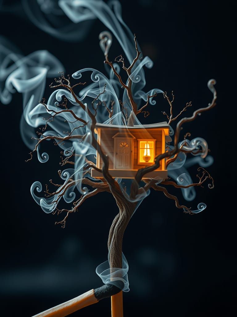 Ethereal Smoke Treehouse Emerging from Lit Match