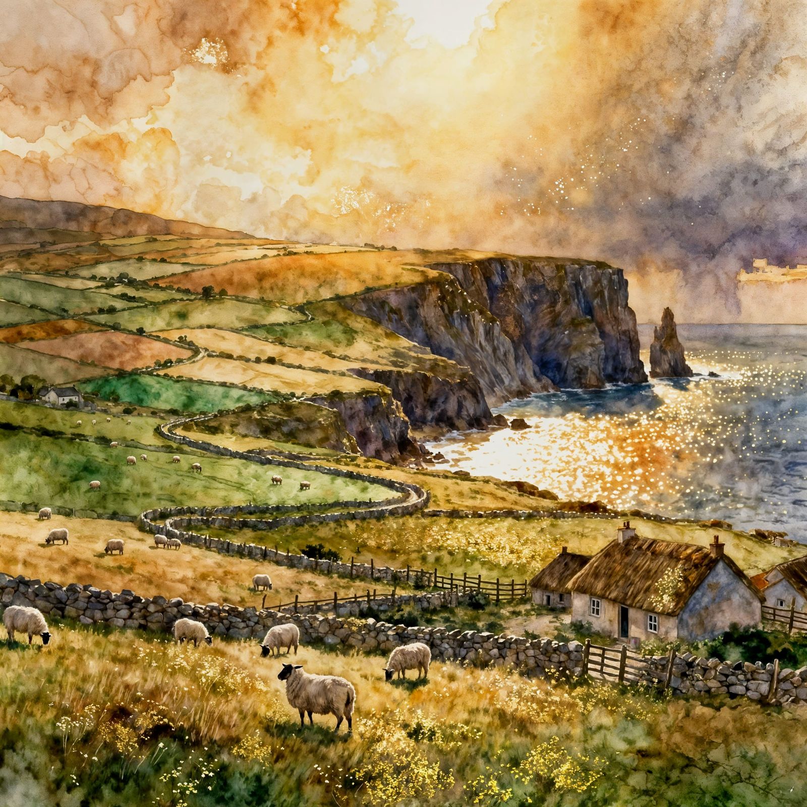 Irish Countryside Watercolor at Golden Hour