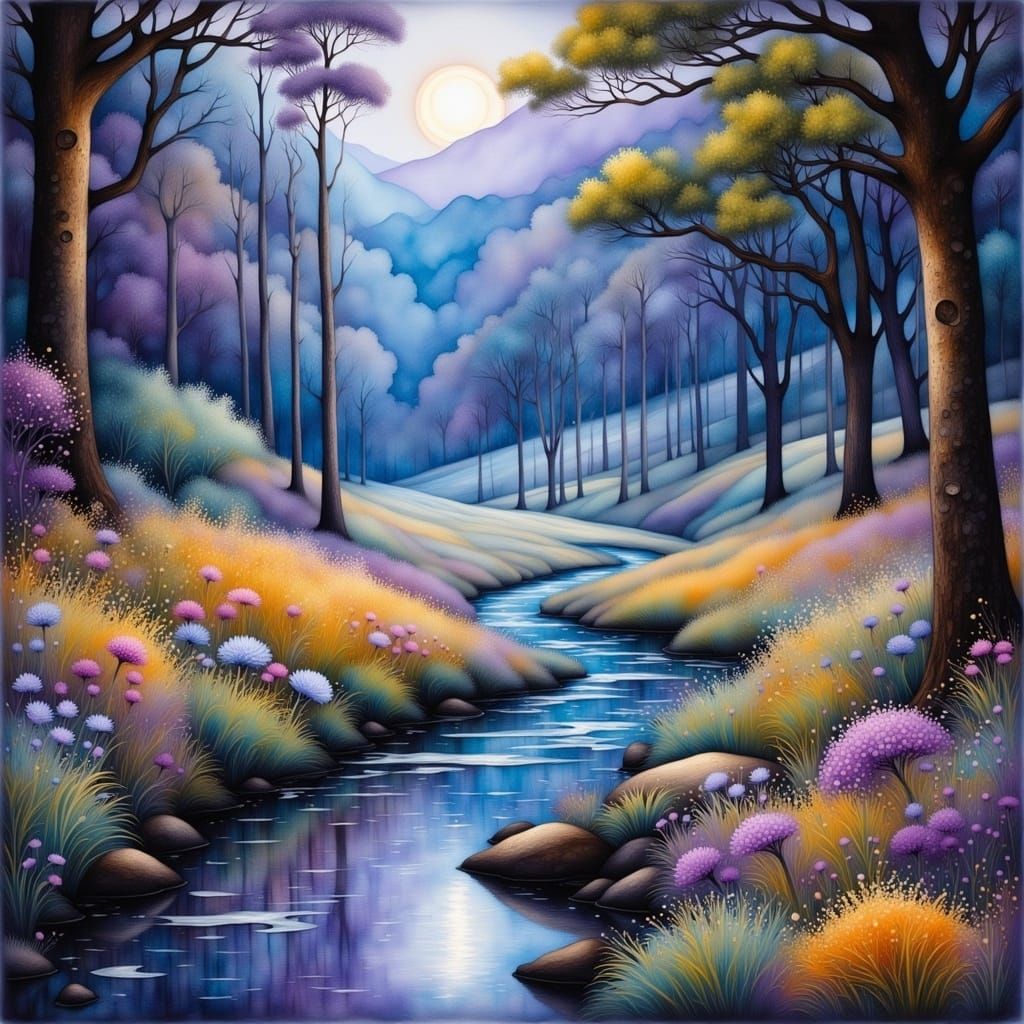 Creek Flowing Through Twilight Forest Landscape