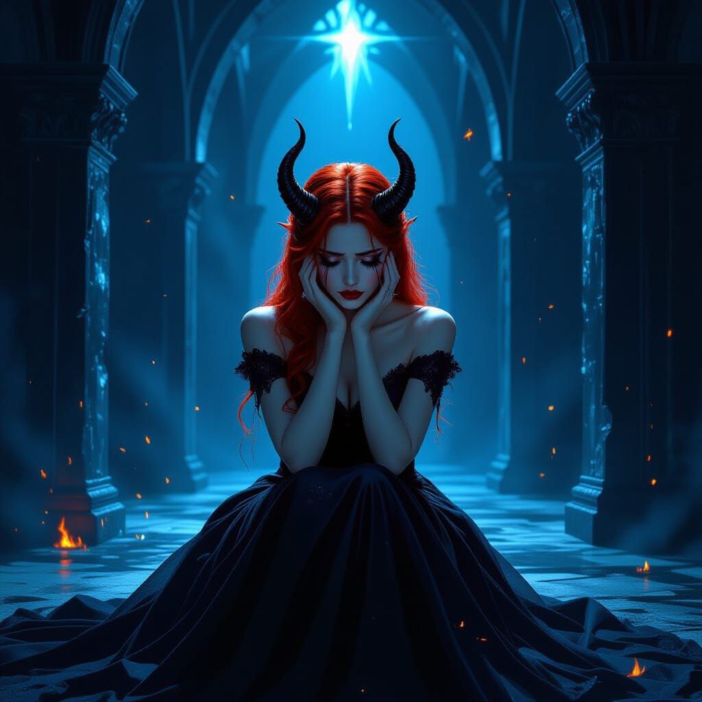 Demon Princess Weeping in Obsidian Castle Hall