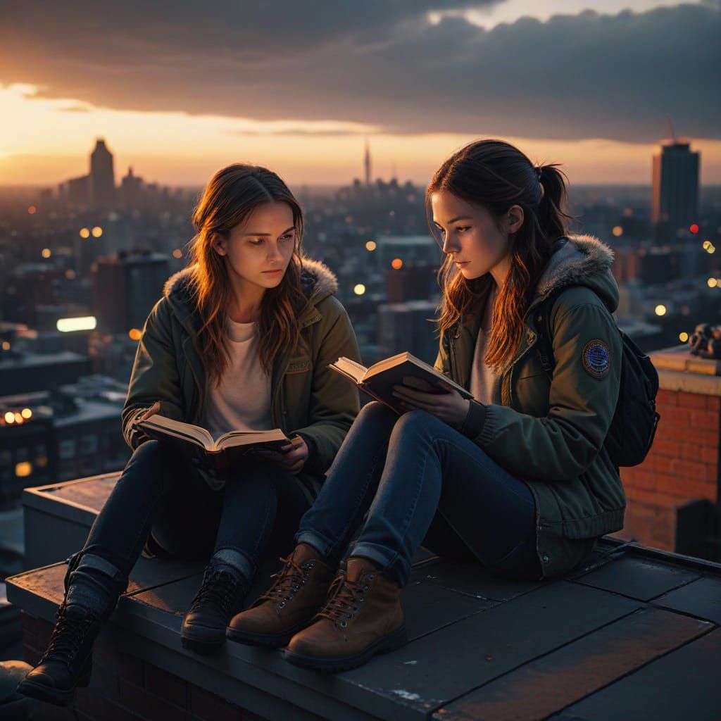 Teen Girls on Rooftop at Sunset: Cinematic Still