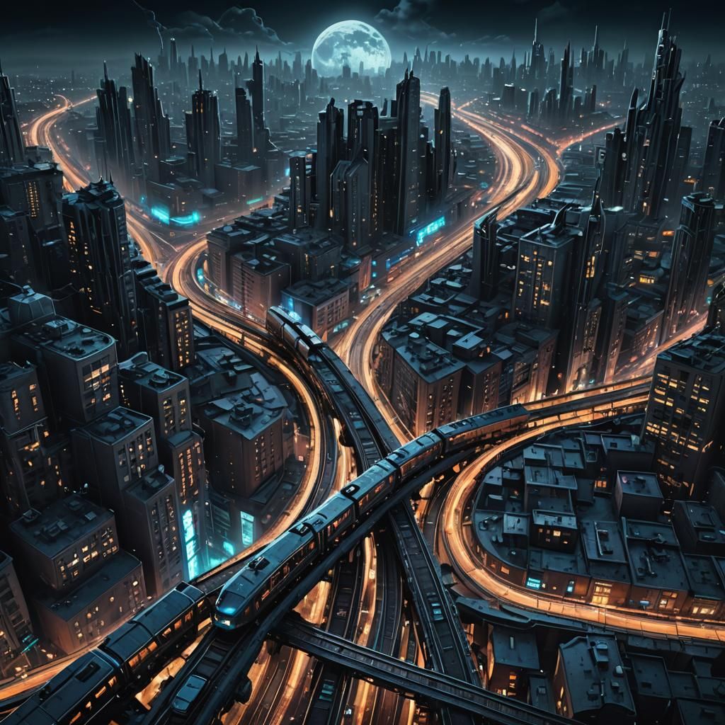 Futuristic Railroad Crossroads at Night in Sci-Fi Style