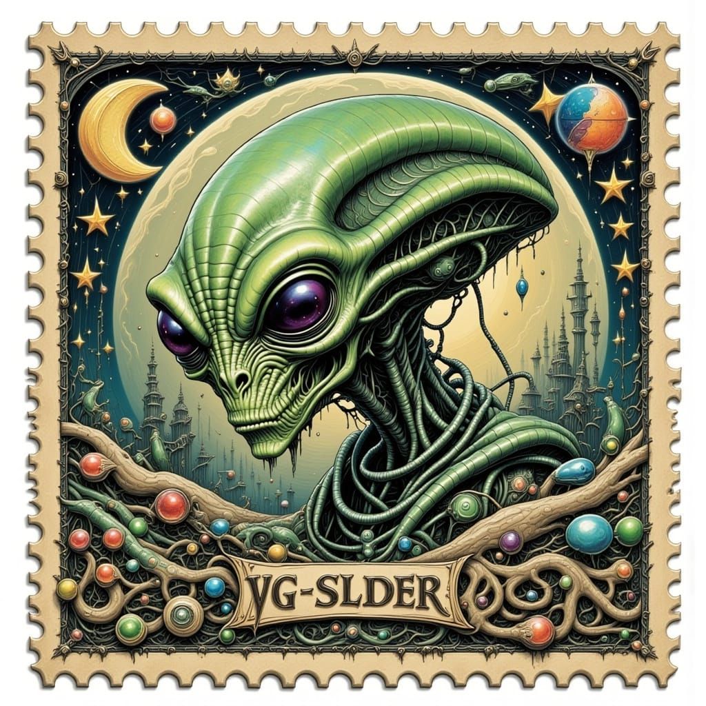 Surreal Alien Postage Stamp in Burtonesque Style