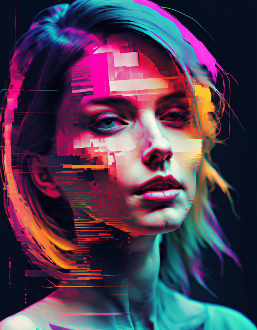 Distorted Glitch Art Portrait with Neon Accents