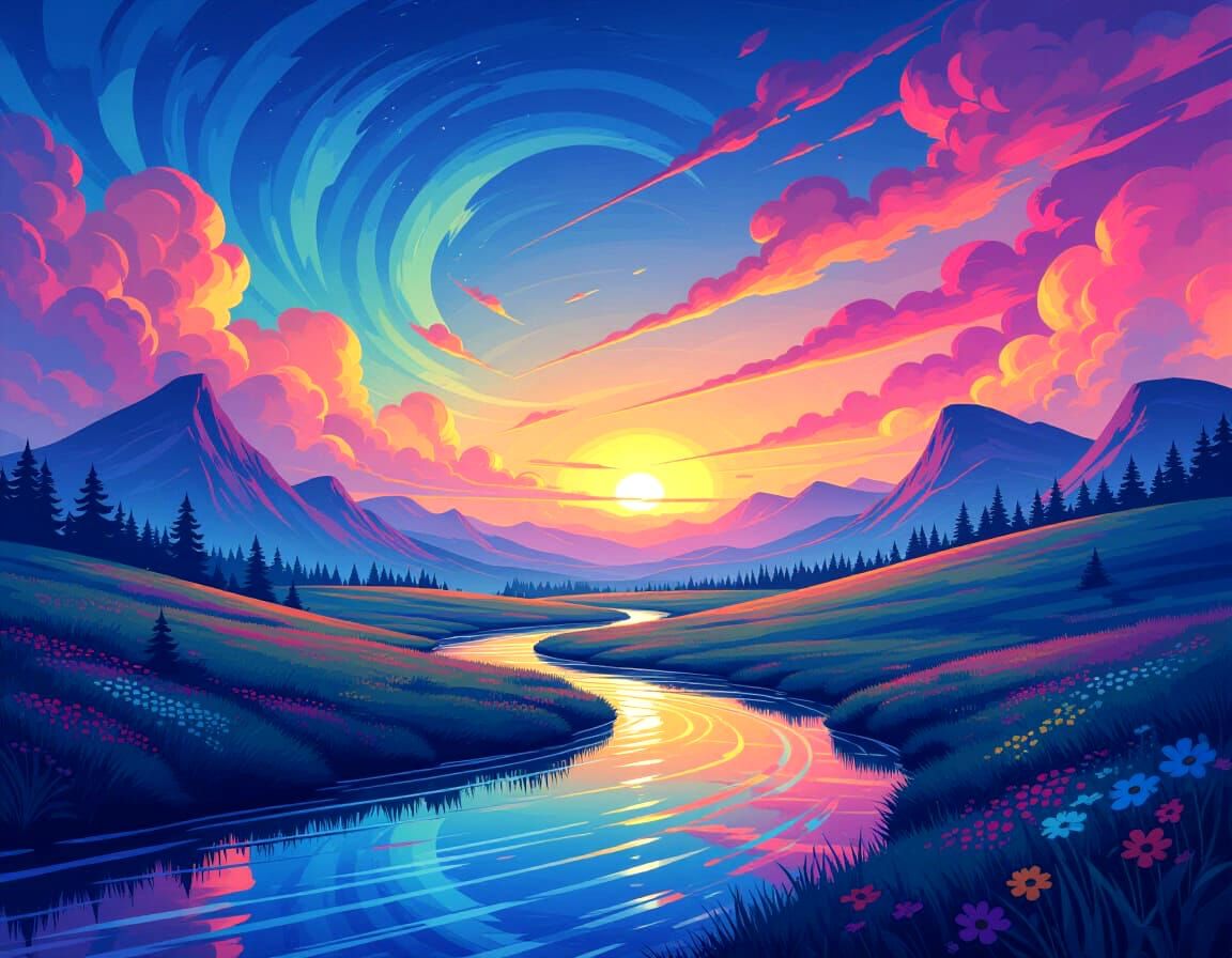 Iridescent Rainbow Landscape in Inks