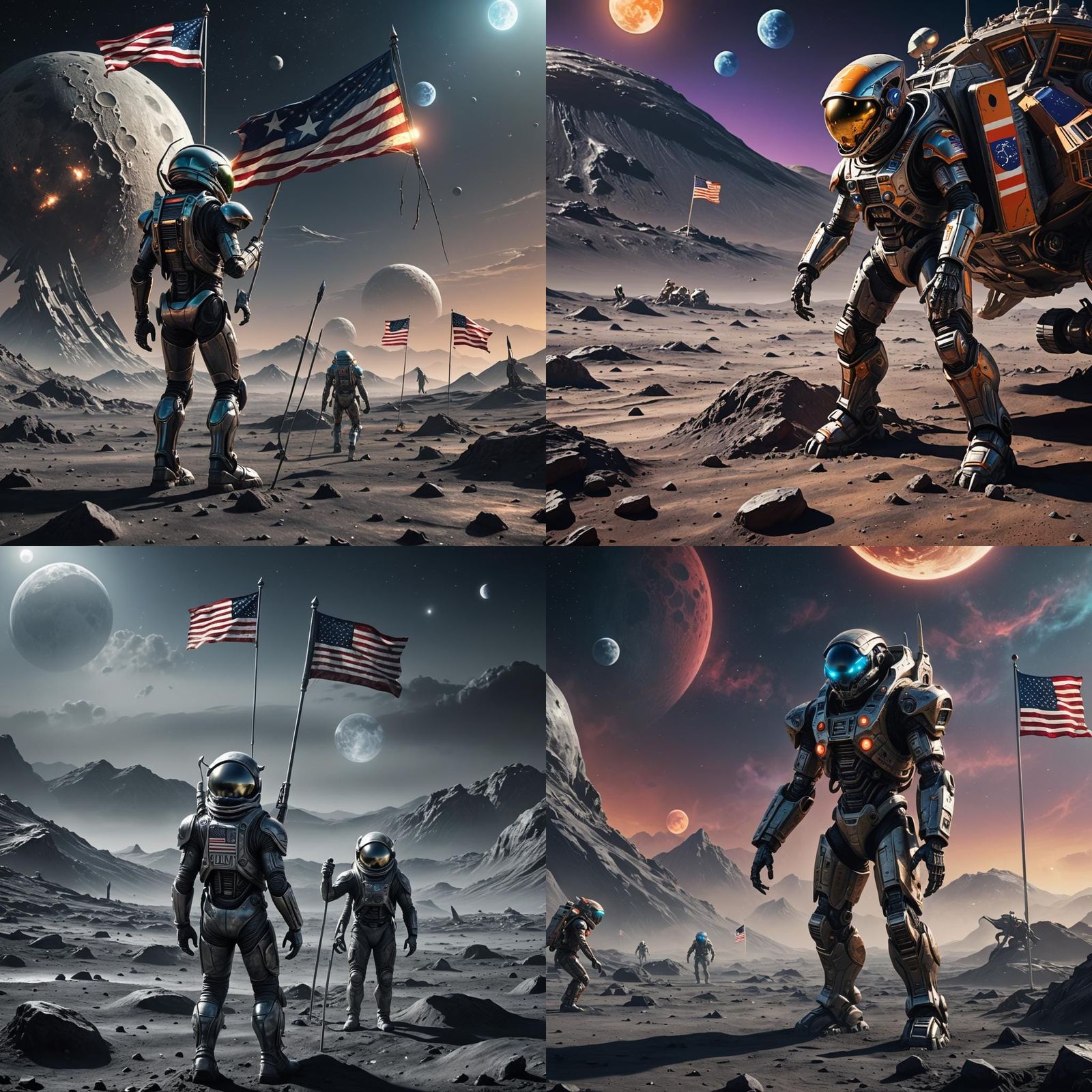 Alien Mech on Moon with Flag in Sci-Fi Style