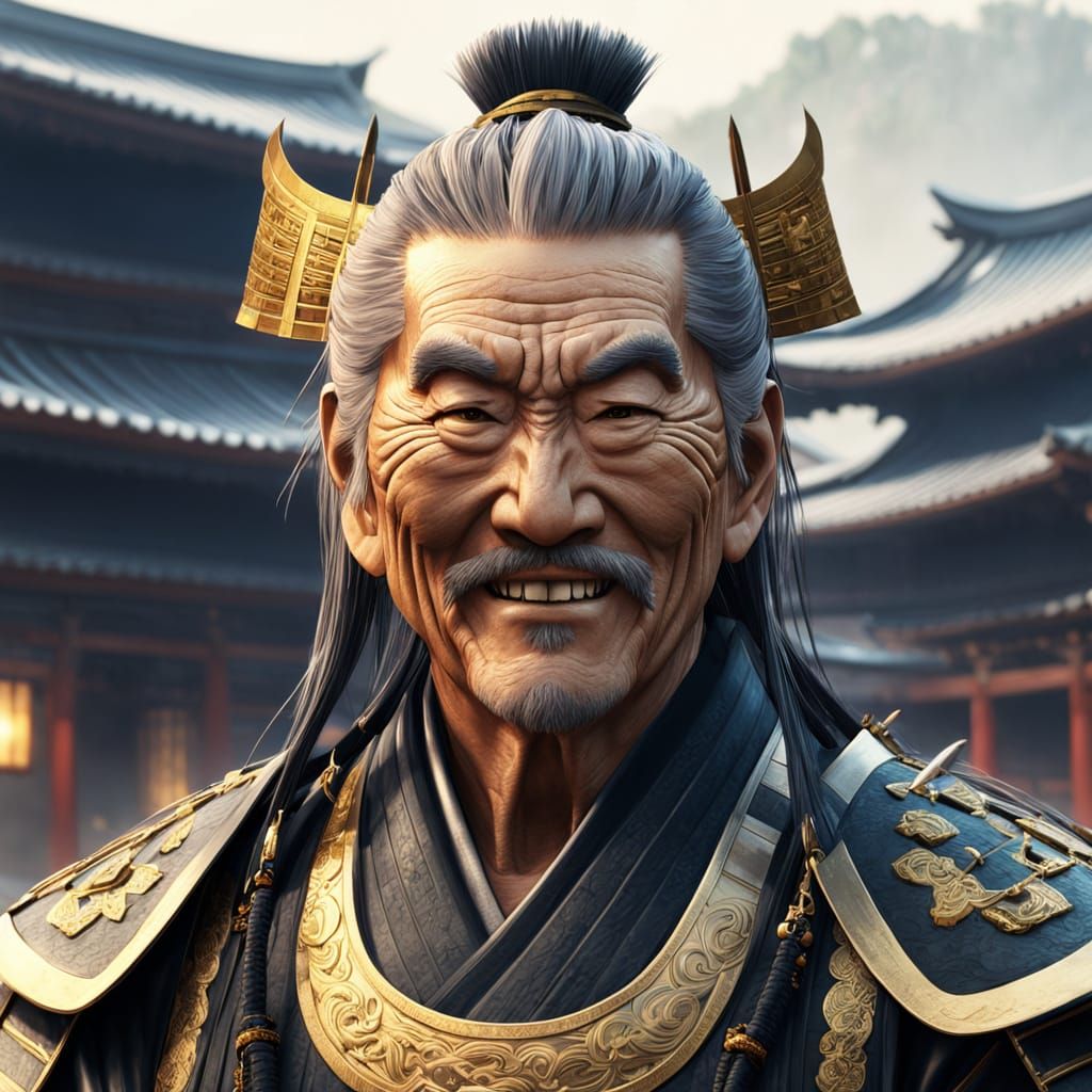 Elderly Samurai Smiles Sardonic in Misty Temple, WLOP Anime ...