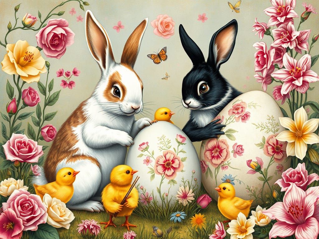 Bunnies Painting Easter Eggs in Vintage Style