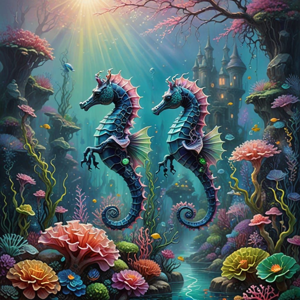 Fantastical Seahorses in a Dreamy Coral Reef
