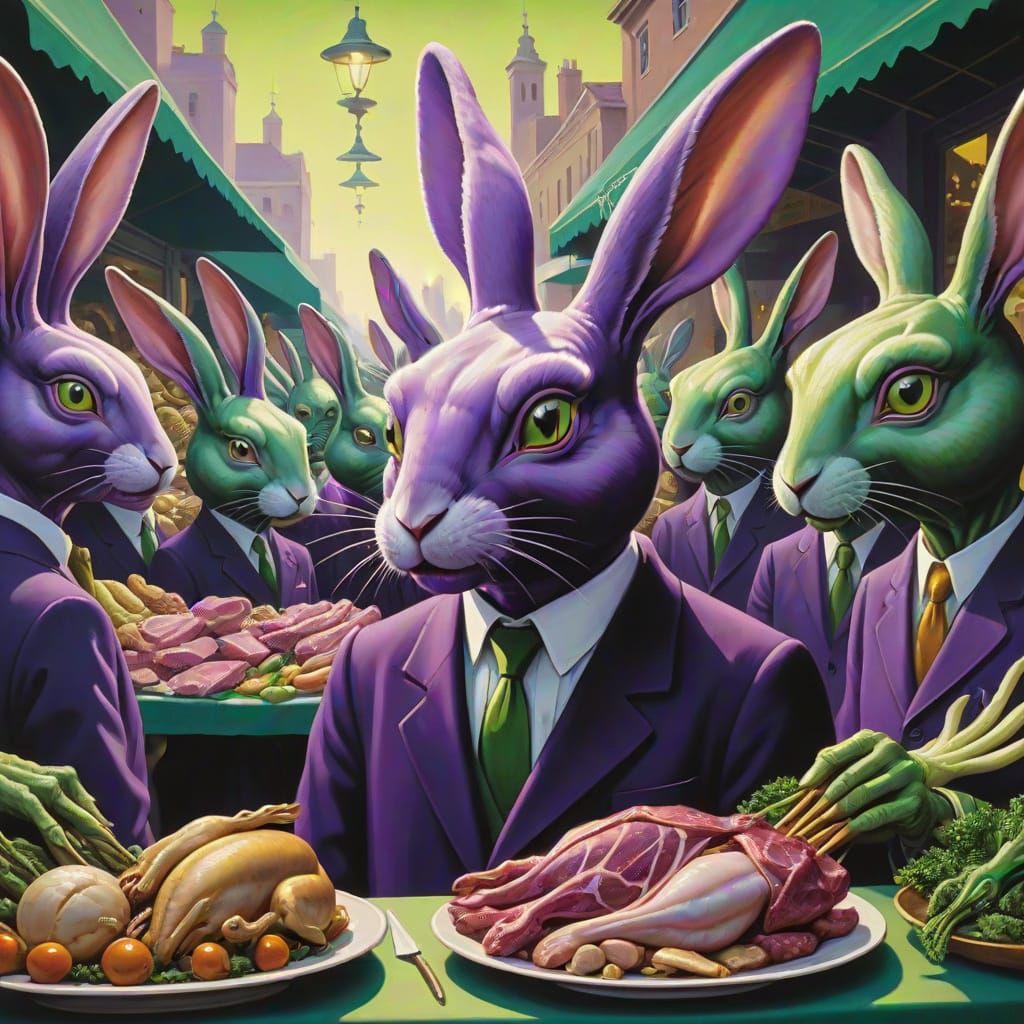 Alien Rabbit Market: A Surrealist Painting in Purple and Gre...