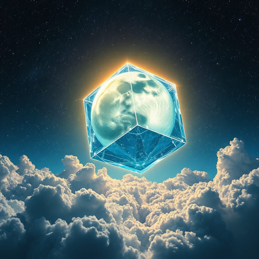 Ethereal Cube Moon Radiates in Starry Night Sky
