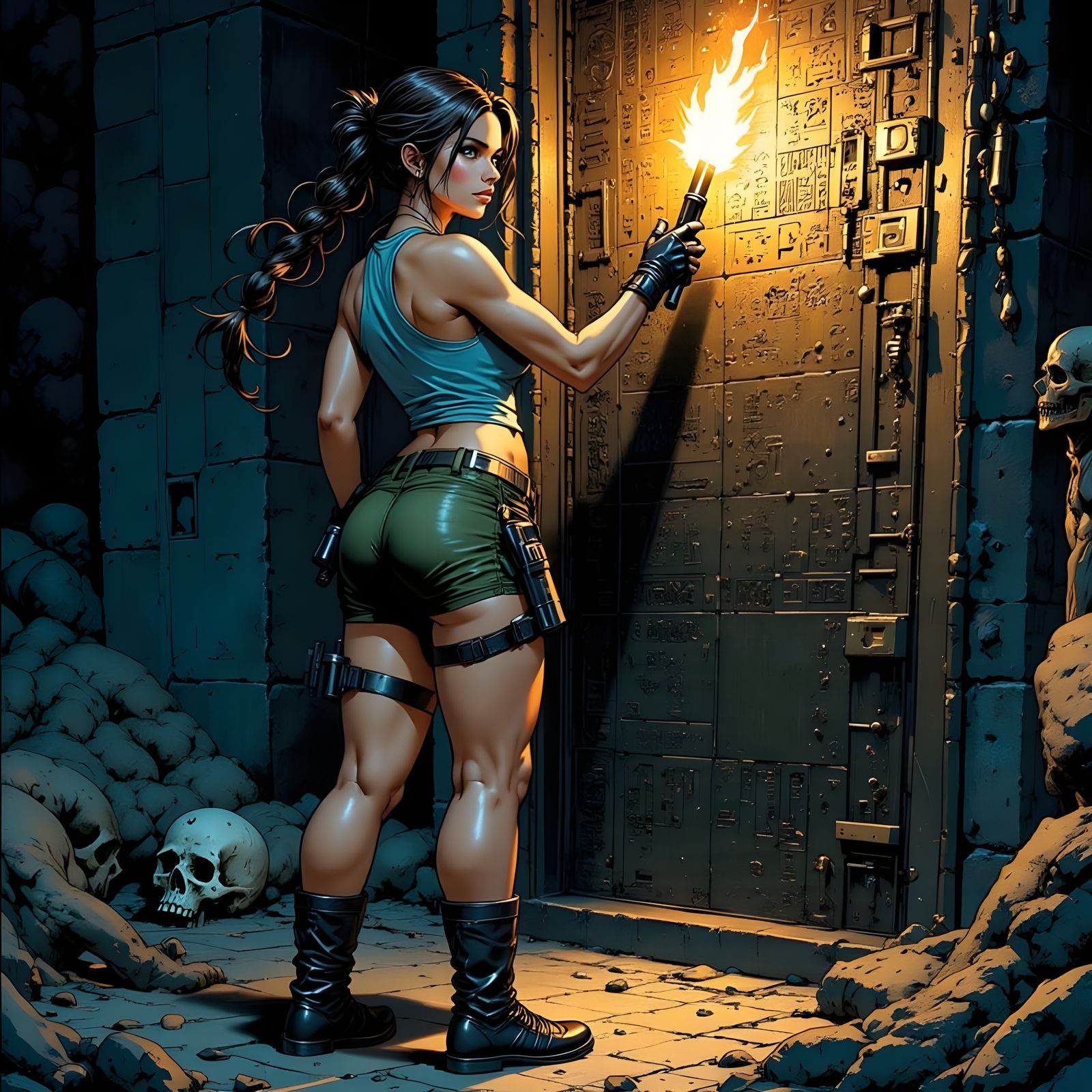 Lara Croft Solves Ancient Tomb Puzzle in Dark Comic Style