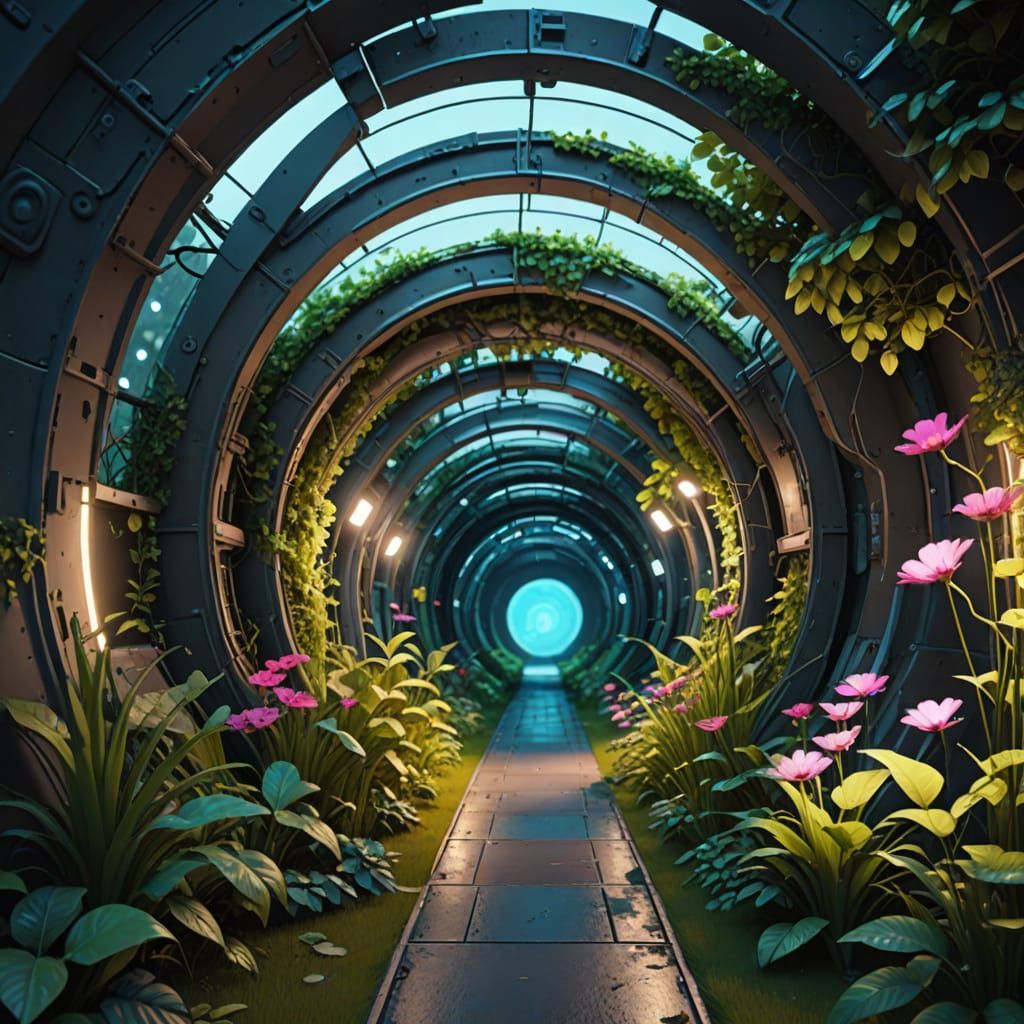 Futuristic Cyberpunk Garden Tunnel in 3D
