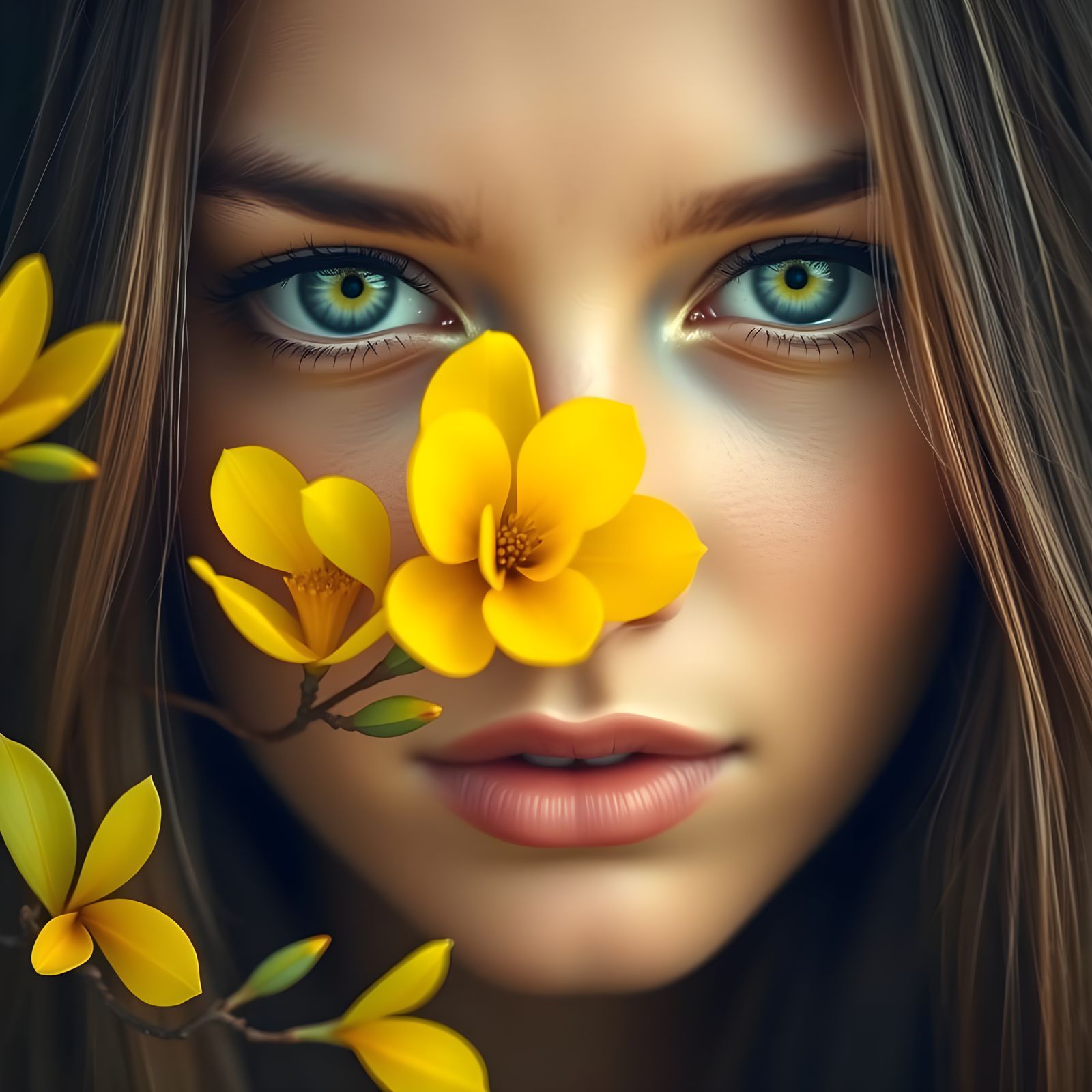 Surreal Woman in a Dreamlike Garden of Yellow Mimosa