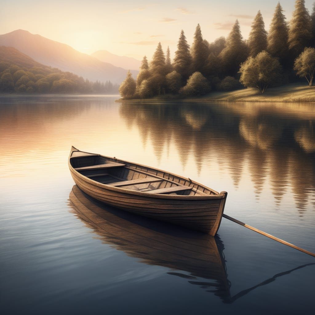 Serene Sunset: Empty Boat Pencil Sketch Masterpiece